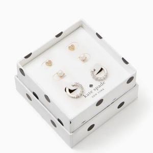 New Kate Spade Yours Truly Three Pair Earring Boxed Set Pearl CZ Heart Huggie